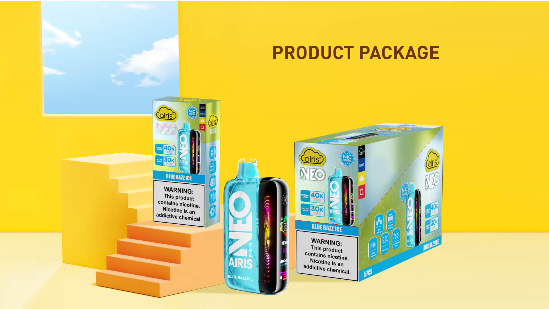 Airis Neo P40000 retail packaging showing device presentation and labeled components